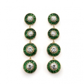 18k Yellow Gold Emerald and Diamond Set Drop Earrings